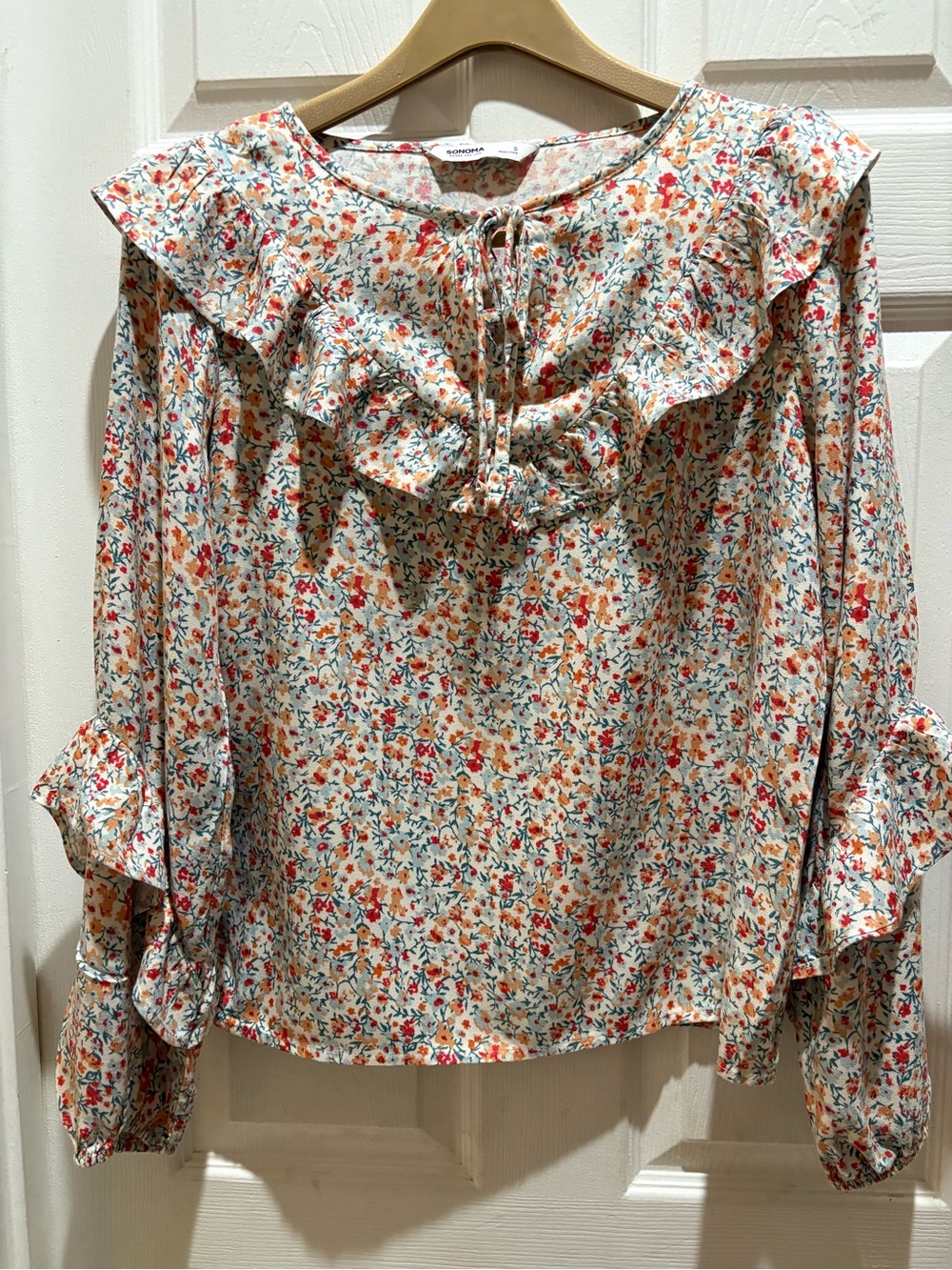 Sonoma Cream Floral Ruffle Tie-Neck Blouse